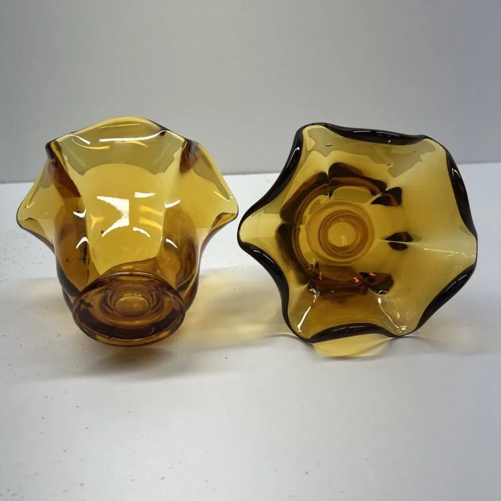 LOT OF 2‎ LARGE HEAVY HANDBLOWN AMBER DEPRESSION GLASS CANDLE HOLDERS